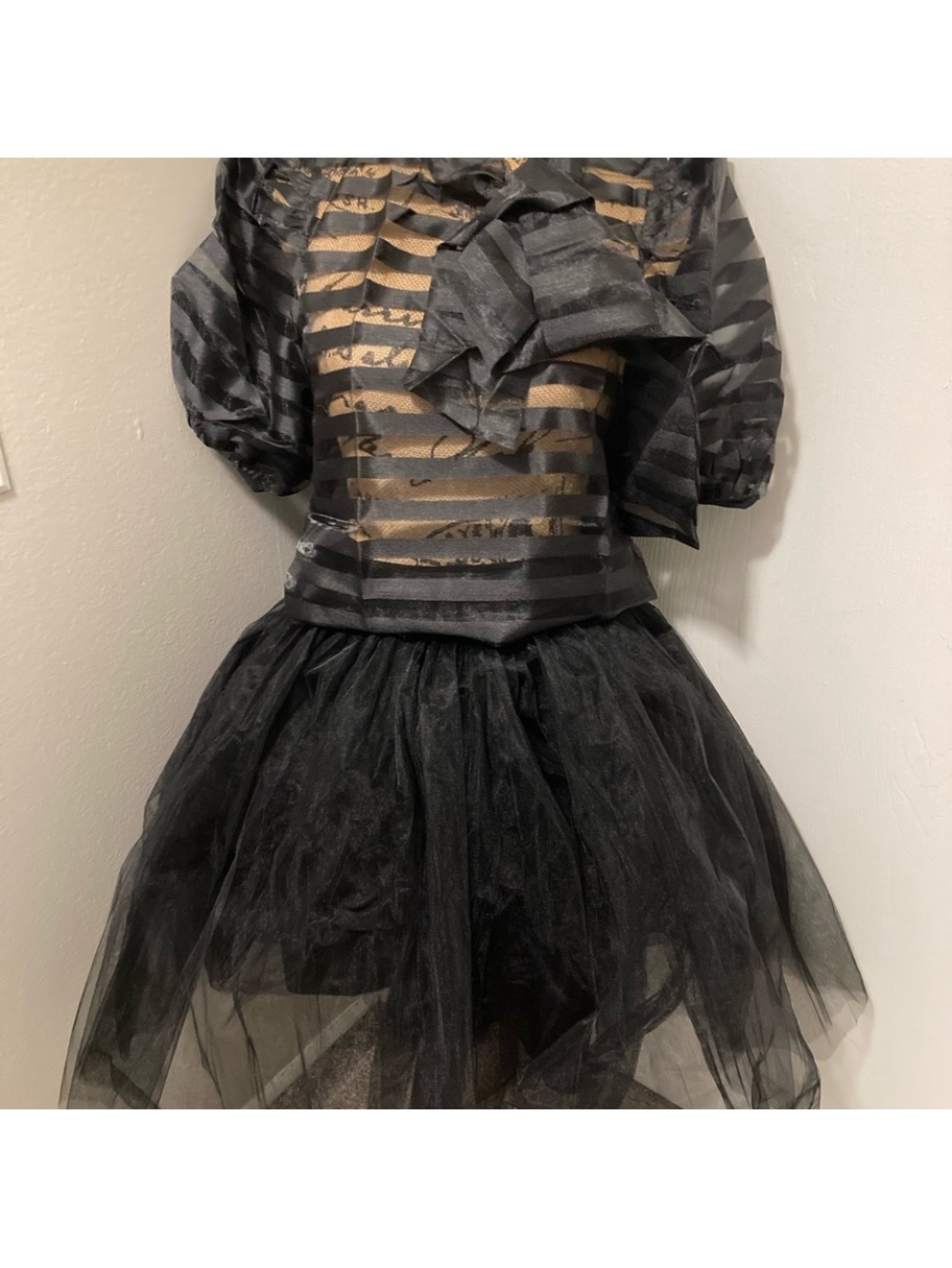 Black Striped Translucent Blouse with Tulle Elastic Band Skirt Outfit